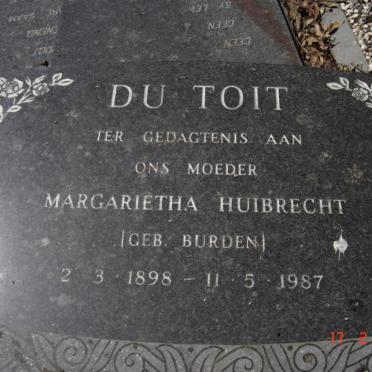 TOIT Margarietha Huibrecht, du nee BURDEN 1898-1987 :: MALAN Daniel Stephanus Smit 1912-1986 &amp; Catharina Elizabeth 1926-