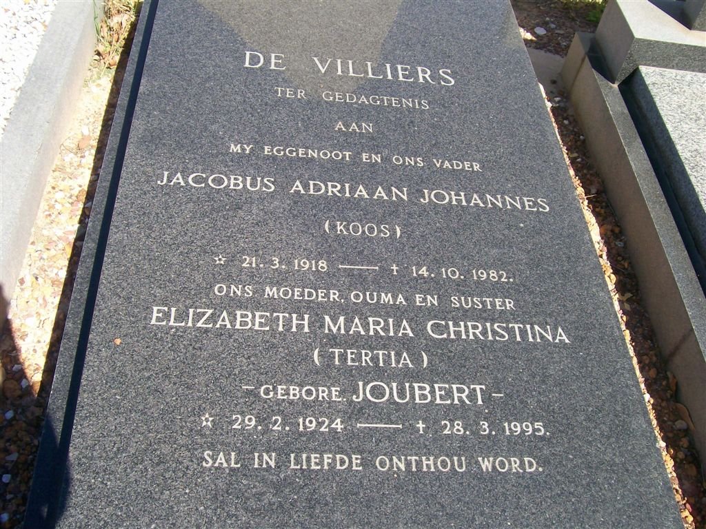 VILLIERS Jacobus Adriaan Johannes, de 1918-1982 &amp; Elizabeth Maria Christina JOUBERT 1924-1995
