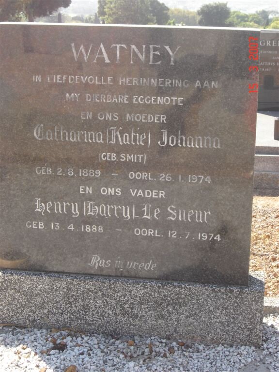 WATNEY Henry le Sueur 1888-1974 &amp; Catharina Johanna SMIT 1869-1974
