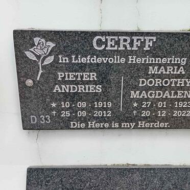 CERFF Pieter Andries 1919-2012 &amp; Maria Dorothy Magdalene 1923-2022