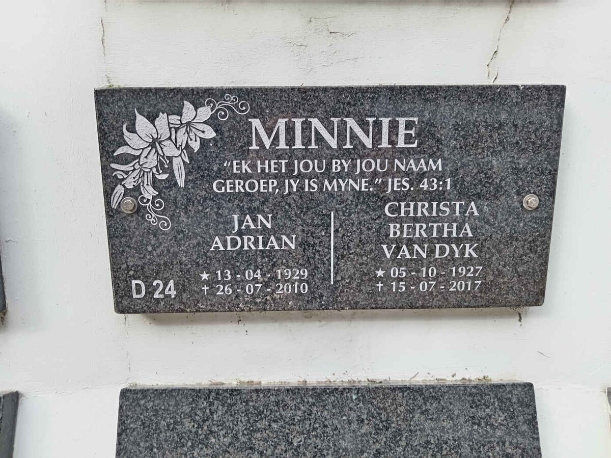 MINNIE Jan Adrian 1929-2010 &amp; Christa Bertha VAN DYK 1927-2017
