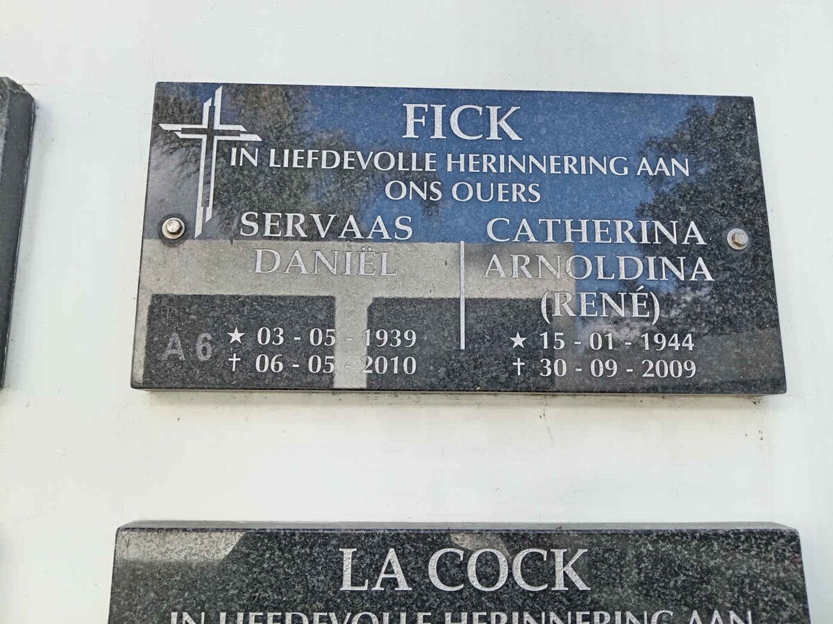 FICK Servaas Daniel 1929-2010 &amp; Catherina Arnoldina 1944-2009