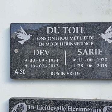 TOIT Dev, du 1934-2012 &amp; Sarie 1930-2019