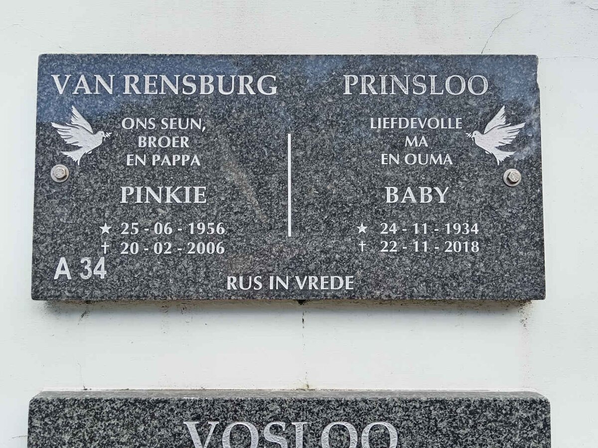 RENSBURG Pinkie, van 1956-2006 :: PRINSLOO Baby 1934-2018
