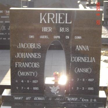 KRIEL Jacobus Johannes Francois 1927-1990 &amp;  Anna Cornelia 1937-1990