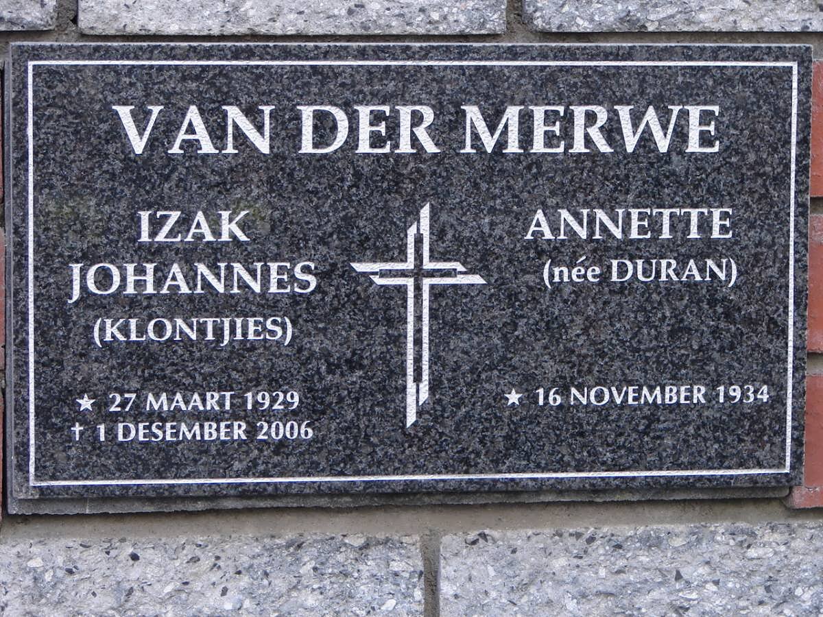 MERWE Izak Johannes, van der 1929-2006 &amp; Annette DURAN 1934-