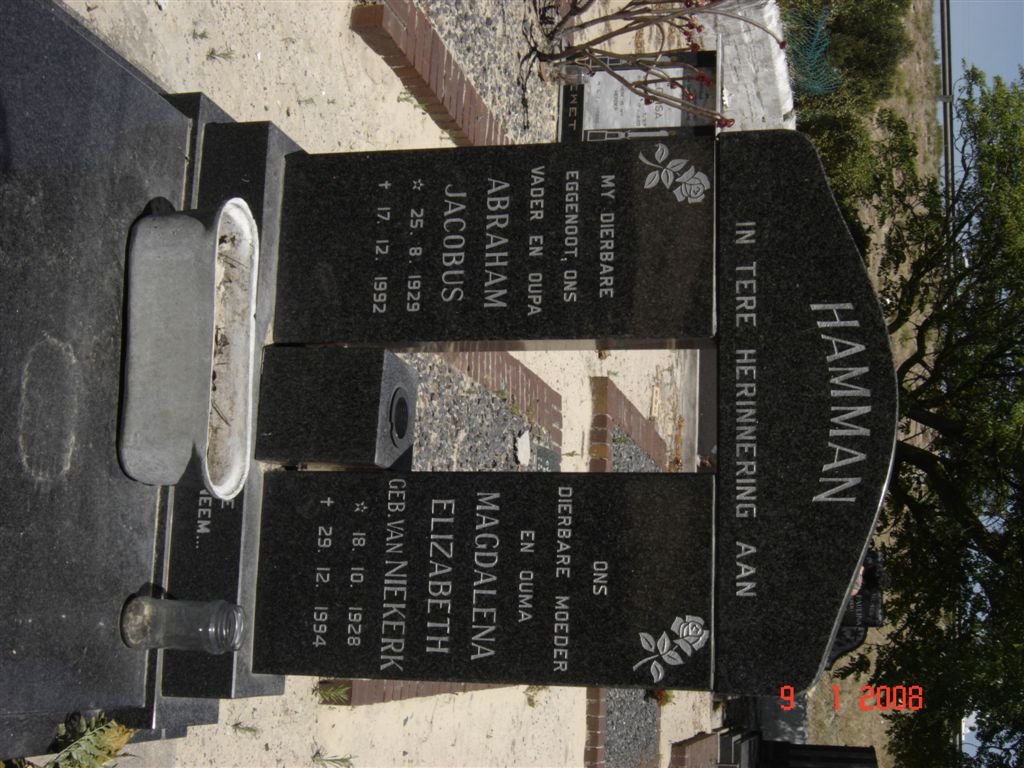 HAMMAN Abraham Jacobus 1929-1992 &amp; Magdalena Elizabeth VAN NIEKERK 1928-1994