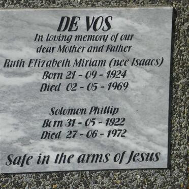 VOS Solomon Phillip, de 1922-1972 &amp; Ruth Elizabeth Miriam ISAACS 1924-1969