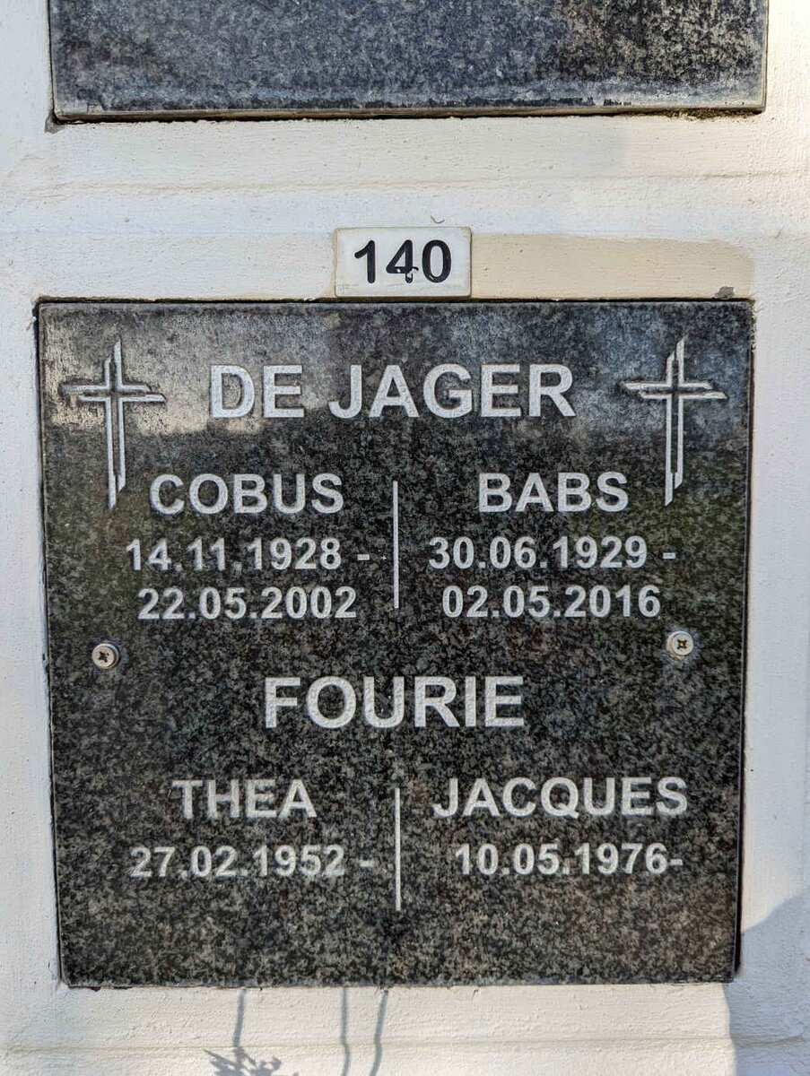 JAGER Cobus, de 1928-2002 &amp; Babs 1929-2016 :: FOURIE Jacques 1976- &amp; Thea 1952-