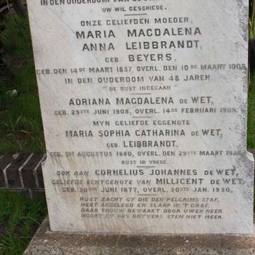 LEIBBRANDT Maria Magdalena Anna nee BEYERS 1857-1905 :: DE WET Adriana Magdalena 1908-1909