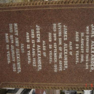 ALEXANDER Jane -1901 :: ALEXANDER James -1905 :: ALEXANDER Joseph -1923 :: ALEXANDER Mary Ann  -1935