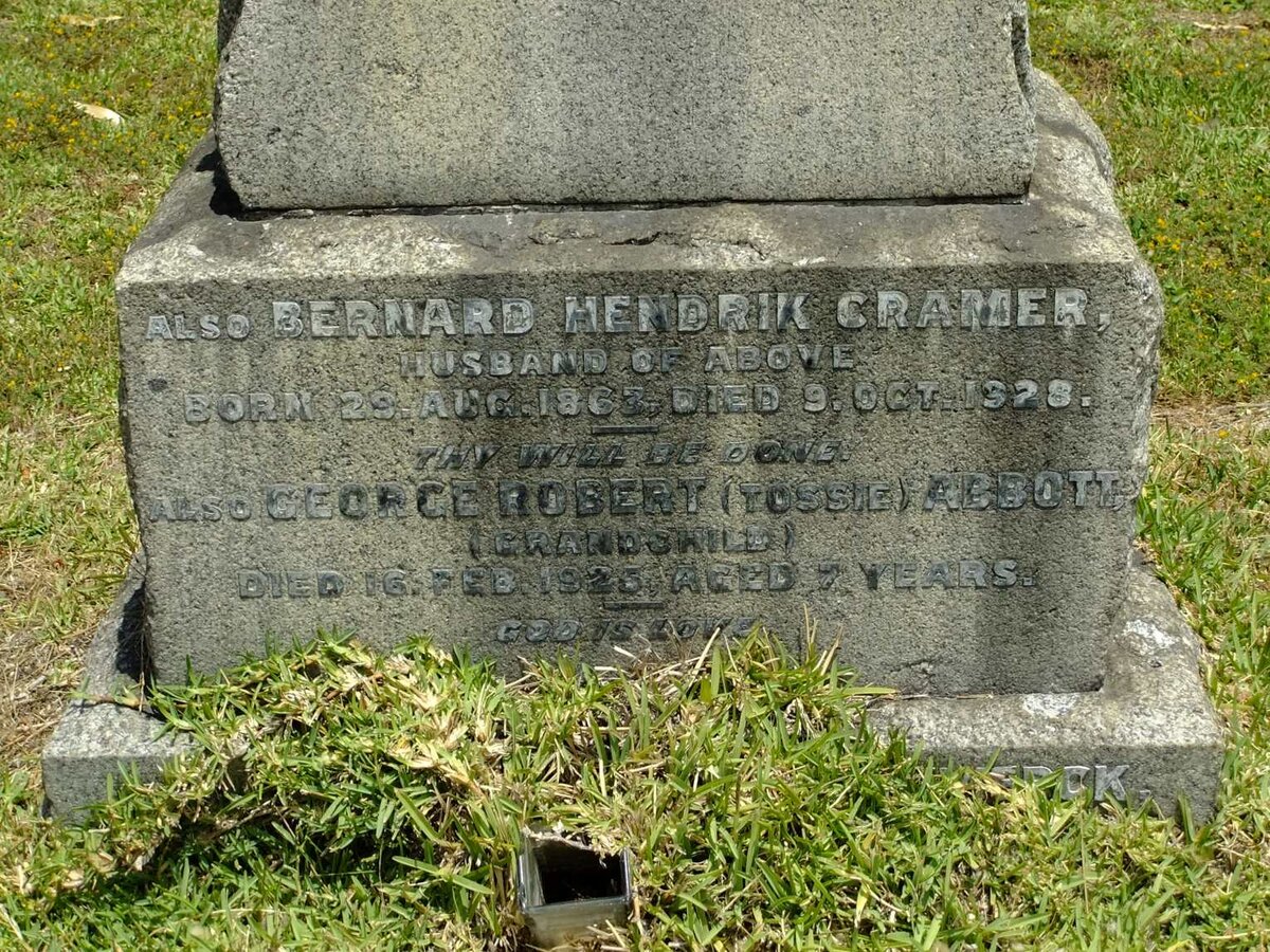 ABBOTT George Robert -1925 :: CRAMER Bernard Hendrik 1863-1928 &amp; Christina Elizabeth 1855-1921