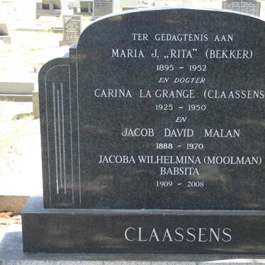 CLAASSENS Jacob David Malan 1888-1970 &amp; Maria J. nee BEKKER 1895-1952 :: LE GRANGE Carina nee CLAASSENS 1925-1950