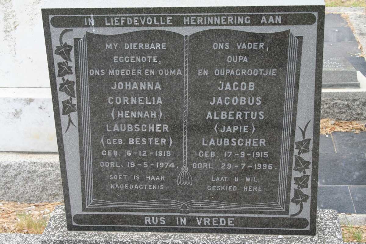 LAUBSCHER Jacob Jacobus Albertus 1915-1996 &amp; Johanna Cornelia BESTER 1918-1974