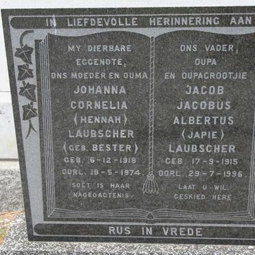 LAUBSCHER Jacob Jacobus Albertus 1915-1996 &amp; Johanna Cornelia BESTER 1918-1974