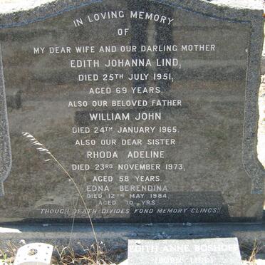 LIND William John -1965 &amp; Edith Johanna -1951 :: LIND Rhoda Adeline -1973 :: LIND Edna Berendina -1984
