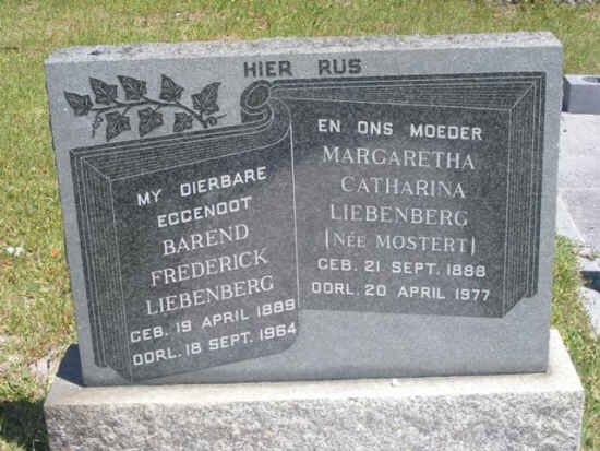 LIEBENBERG Barend Frederick 1889-1964 &amp; Margaretha Catharina MOSTERT 1888-1977