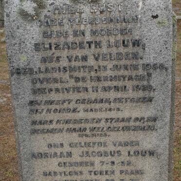 LOUW Adriaan Jacobus 1852-1931 &amp; Elizabeth VAN VELDEN 1856-1928