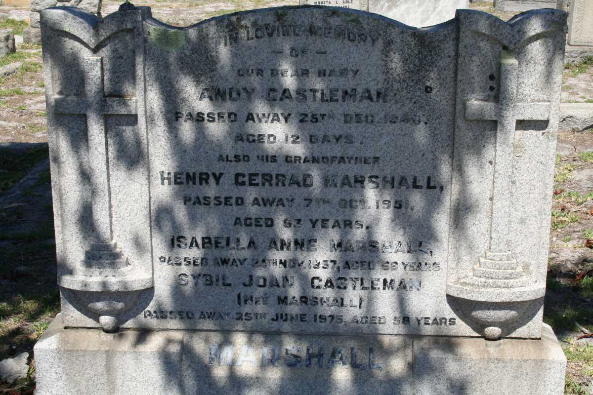 MARSHALL Henry Gerrard -1951 & Isabella Anne -1957 :: CASTLEMAN Andy -1946 :: CASTLEMAN Sybil Joan nee MARSHALL -1975