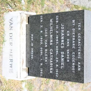 MERWE Johannes Daniel, van der 1893-1952 & Wilhelmina Catharina VAN BLERK 1902-1965