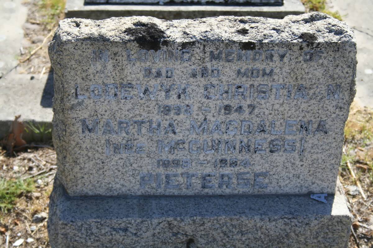 PIETERSE Lodewyk Christiaan 1858-1947 &amp; Martha Magdalena McGUINNESS 1898-1984