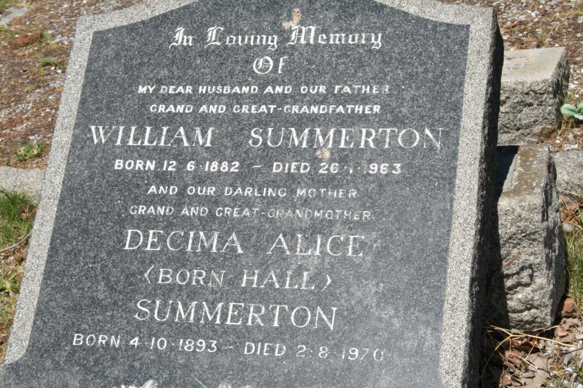 SUMMERTON William 1882-1963 &amp; Decima Alice HALL 1893-1970