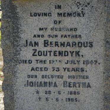 ZOUTENDYK Jan Bernardus -1947 &amp; Johanna Bertha 1885-1985