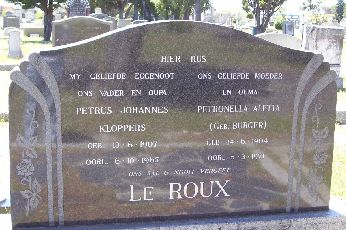 zzROUX Petrus Johannes Kloppers, le 1907-1965 &amp; Petronella Aletta BURGER 1904-1971