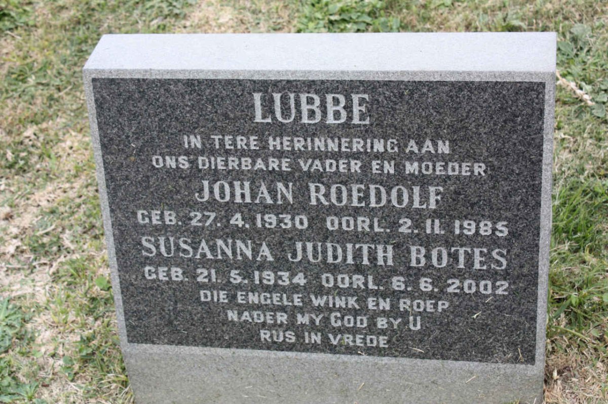 LUBBE Johan Roedolf 1930-1985 &amp; Susanna Judith BOTES 1934-2002
