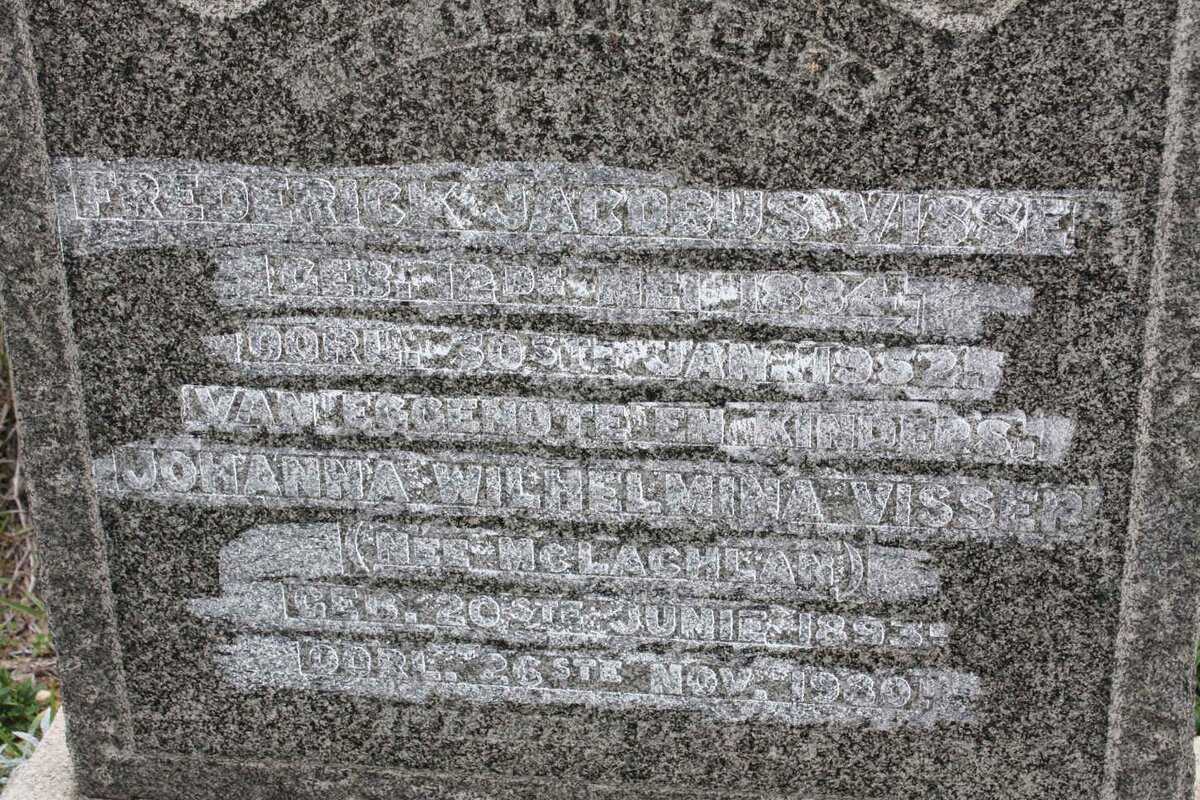 VISSER Frederick Jacobus 1884-1952 &amp; Johanna Wilhelmina McLACHLAN 1893-1980