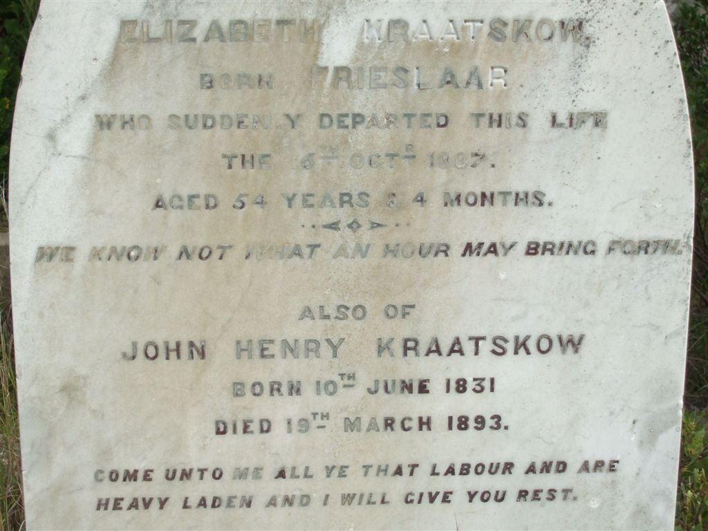 KRAATSKOW  John Henry 1831-1893 &amp; Elizabeth FRIESLAAR -1887