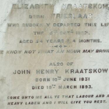KRAATSKOW  John Henry 1831-1893 &amp; Elizabeth FRIESLAAR -1887