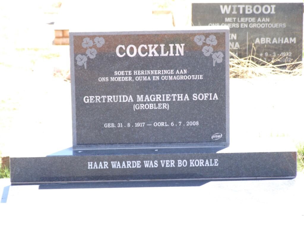 COCKLIN Gertruida Magrietha Sofia nee GROBLER 1917-2008