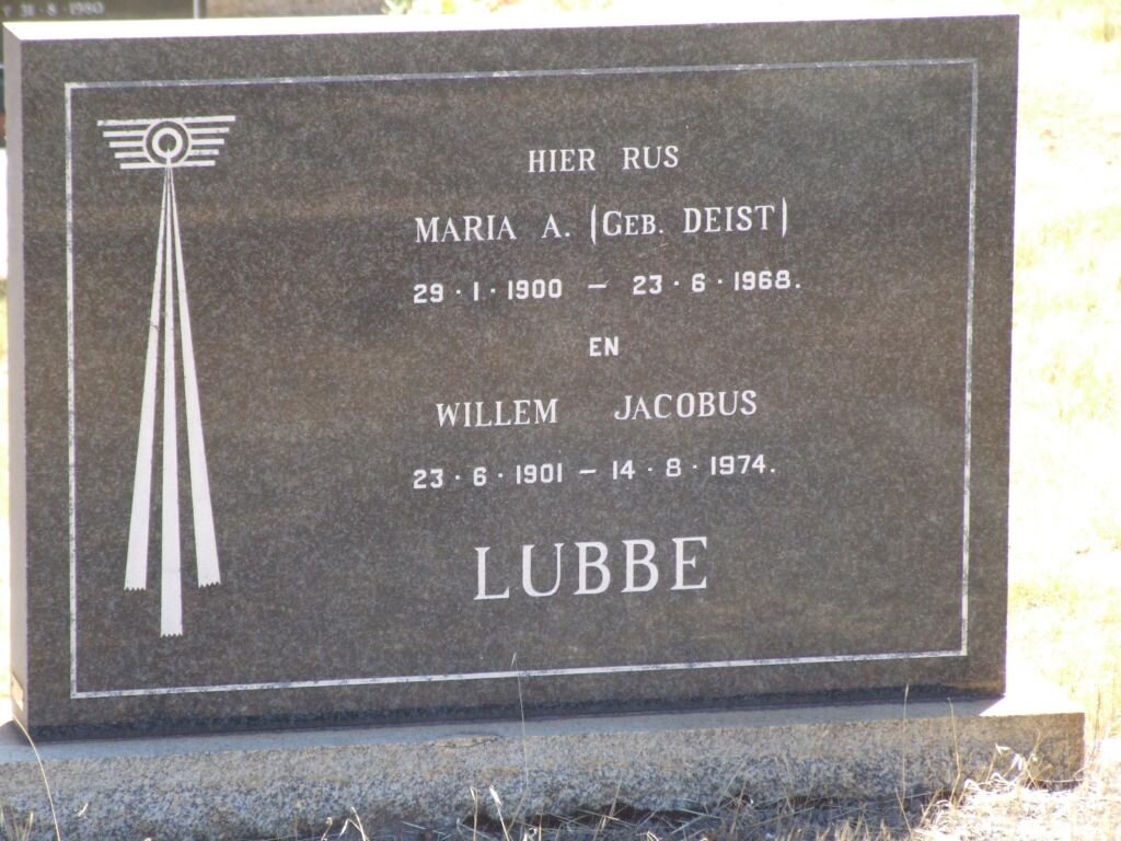 LUBBE Willem Jacobus 1901-1974 &amp; Maria A. DEIST 1900-1968