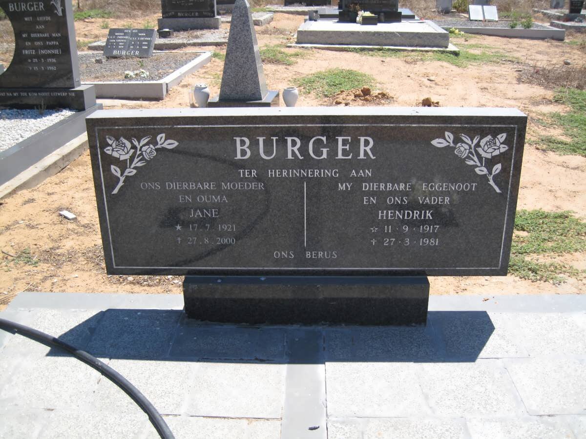 BURGER Hendrik 1917-1981 &amp; Jane 1921-2000
