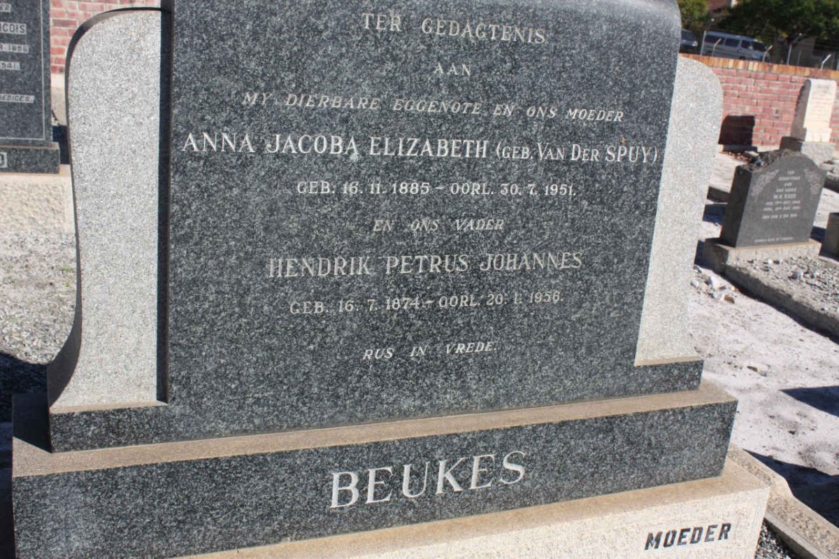 BEUKES Hendrik Petrus Johannes 1874-1956 &amp; Anna Jacoba Elizabeth VAN DER SPUY 1885-1951