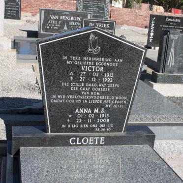 CLOETE Victor 1913-1992 &amp; Anna M.S. 1913-2008