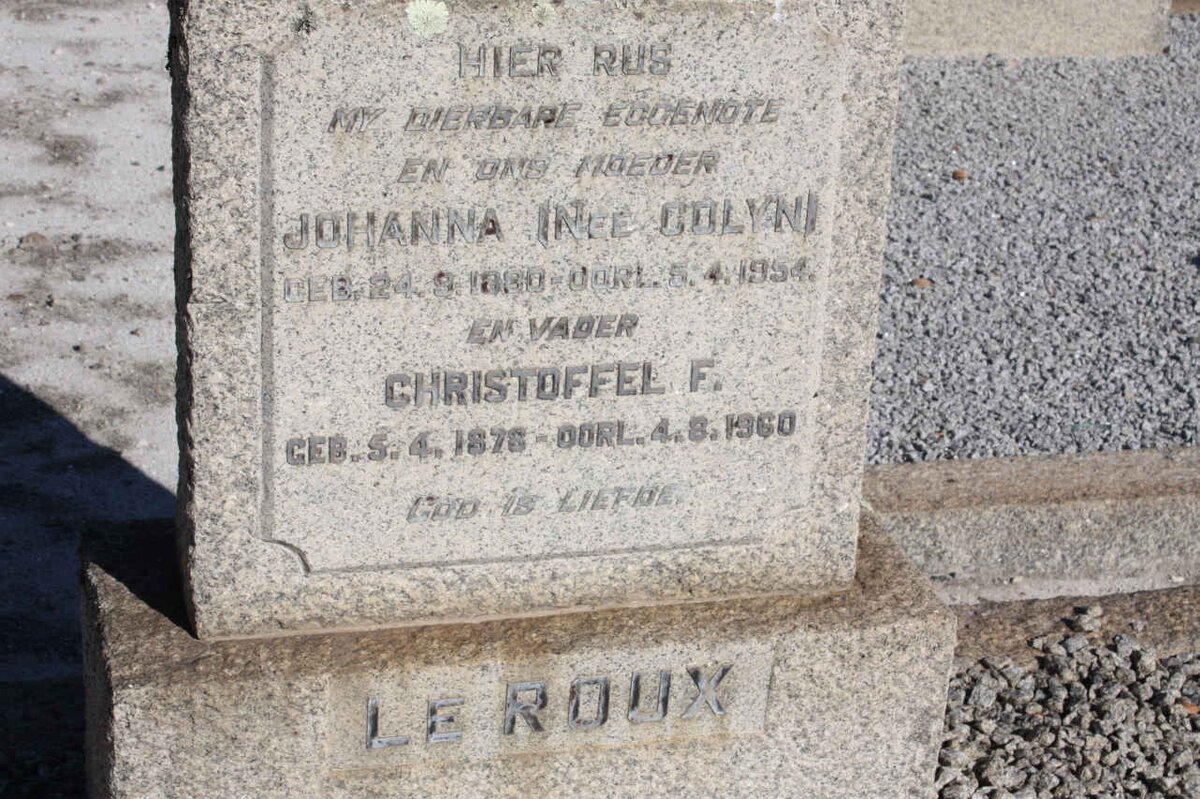 ROUX Christoffel F., le 1876-1960 &amp; Johanna COLYN 1880-1954