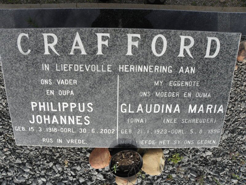 CRAFFORD Philippus Johannes 1918-2002 &amp; Glaudina Maria SCHREUDER 1923-1996