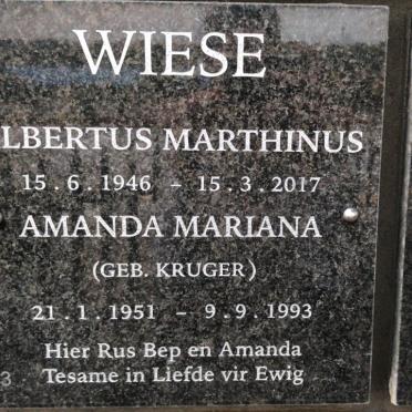 WIESE Albertus Marthinus 1946-2017 &amp; Amanda Mariana KRUGER 1951-1993