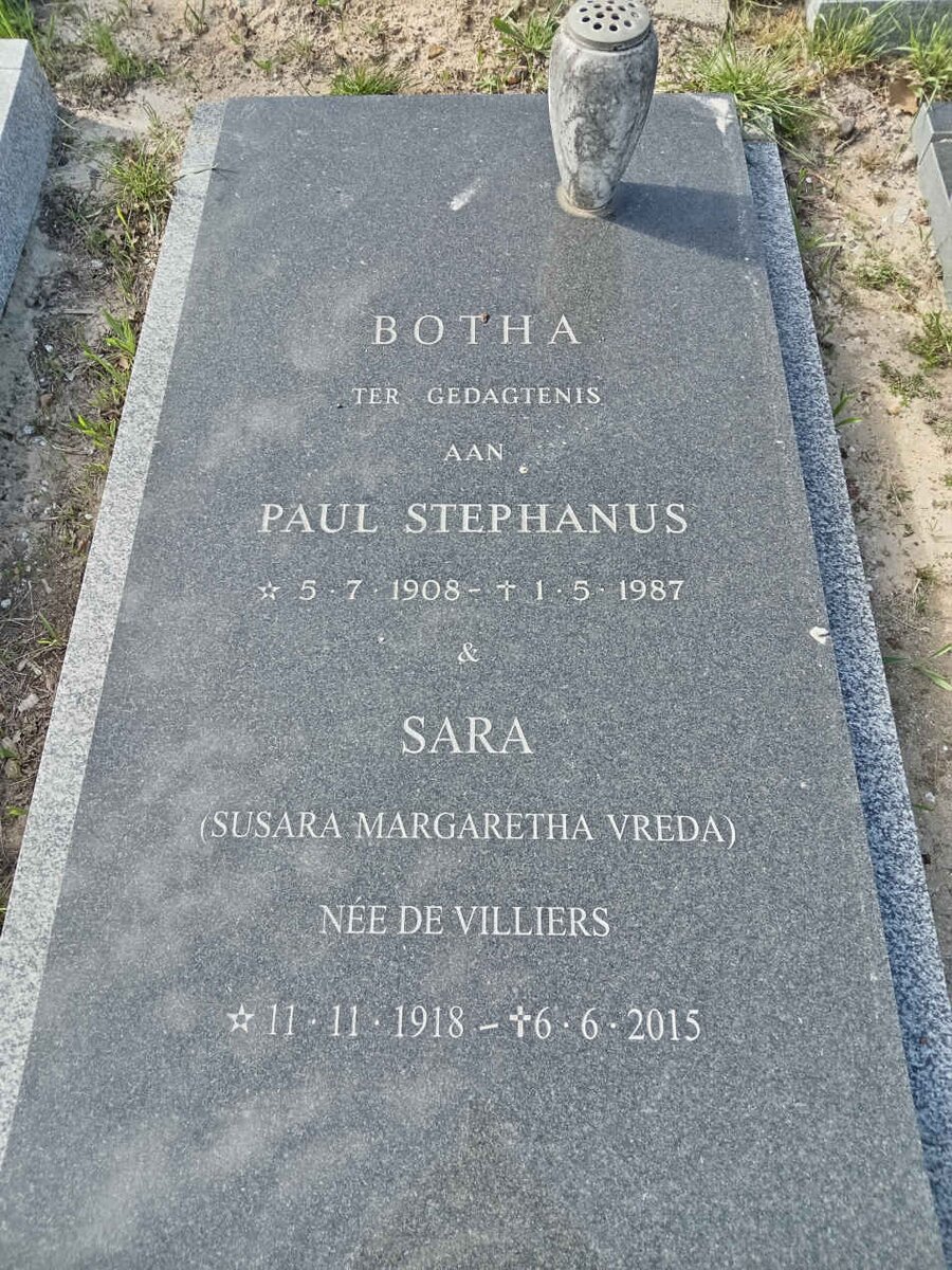 BOTHA Paul Stephanus 1908-1987 &amp; Susara Margaretha Vreda DE VILLIERS 1918-2015