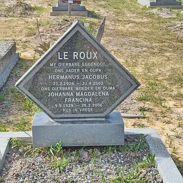 ROUX Hermanus Jacobus, le 1926-2002 &amp; Johanna Magdalena Francina 1929-2006