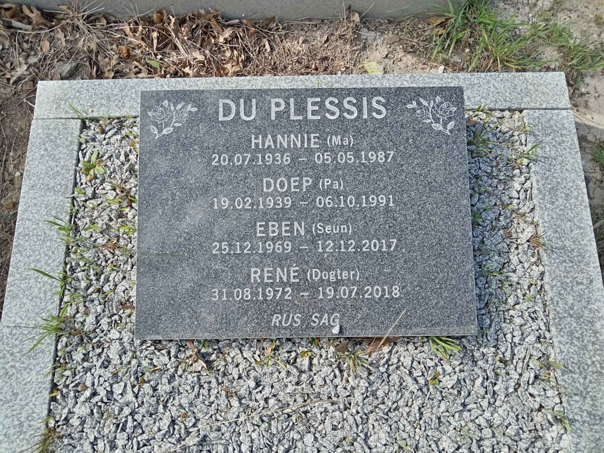 PLESSIS Doep, du 1939-1991 &amp; Hannie 1936-1987 :: DU PLESSIS Eben 1969-2017 :: DU PLESSIS Rene 1972-2018