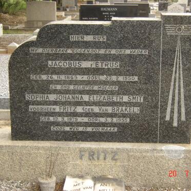 FRITZ Jacobus Petrus 1869-1950 &amp; Sophia Johanna Elizabeth VAN BRAKEL nee SMIT 1879-1955