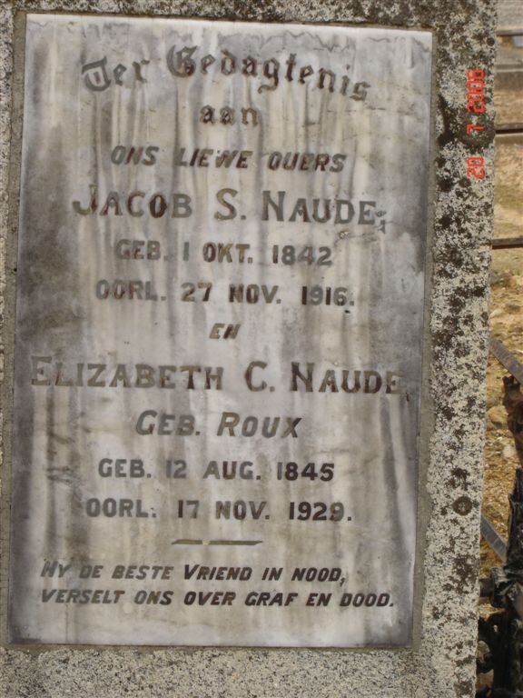 NAUDE Jacob S. 1842-1916 &amp; Elizabeth C. ROUX 1845-1929