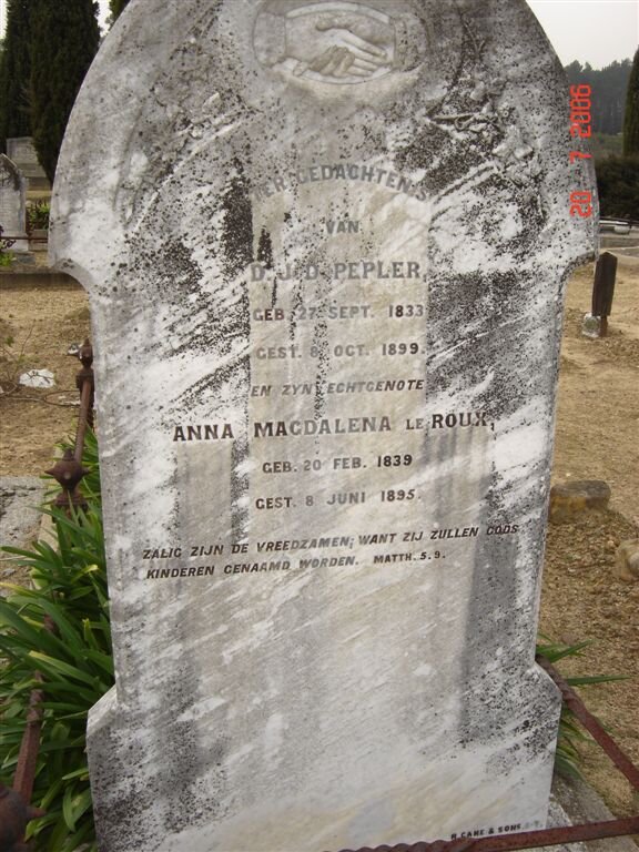 PEPLER D.J.D. 1833-1899 &amp;  Anna Magdalena LE ROUX 1839-1895