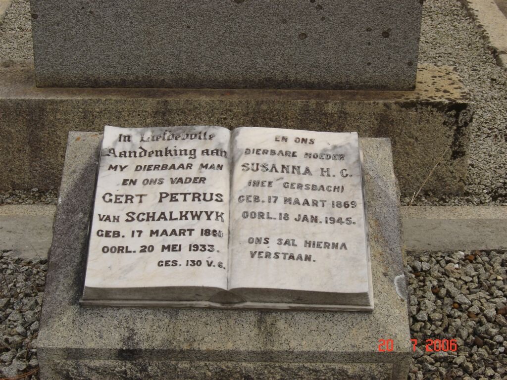SCHALKWYK Gert Petrus, van 1869-1933 &amp; Susanna H.G. GERSBACH 1869-1945