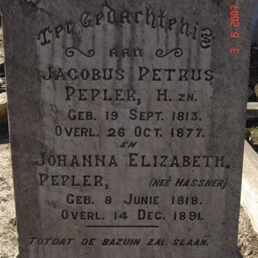 PEPLER Jacobus Petrus 1813-1877 &amp; Johanna Elizabeth HASSNER 1818-1891