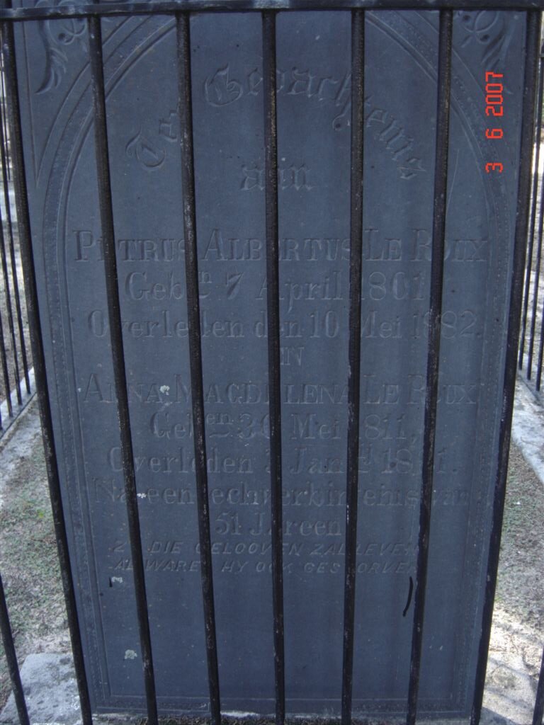 ROUX Petrus Albertus, le 1801-1882 &amp; Anna Magdalena 1811-1881