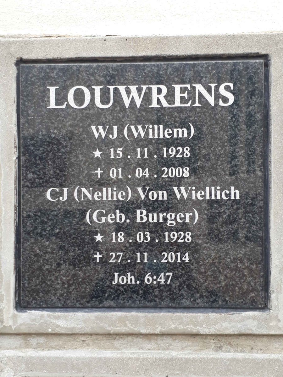 LOUWRENS W.J. 1928-2008 &amp; C.J. Von Wiellich nee BURGER 1928-2014